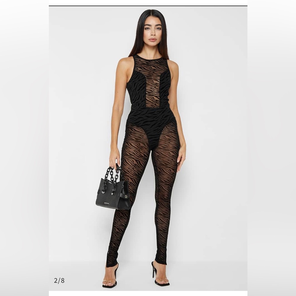 Manière De Voir Zebra Mesh Bodysuit & Leggings 2-Piece Set Black Size 2
